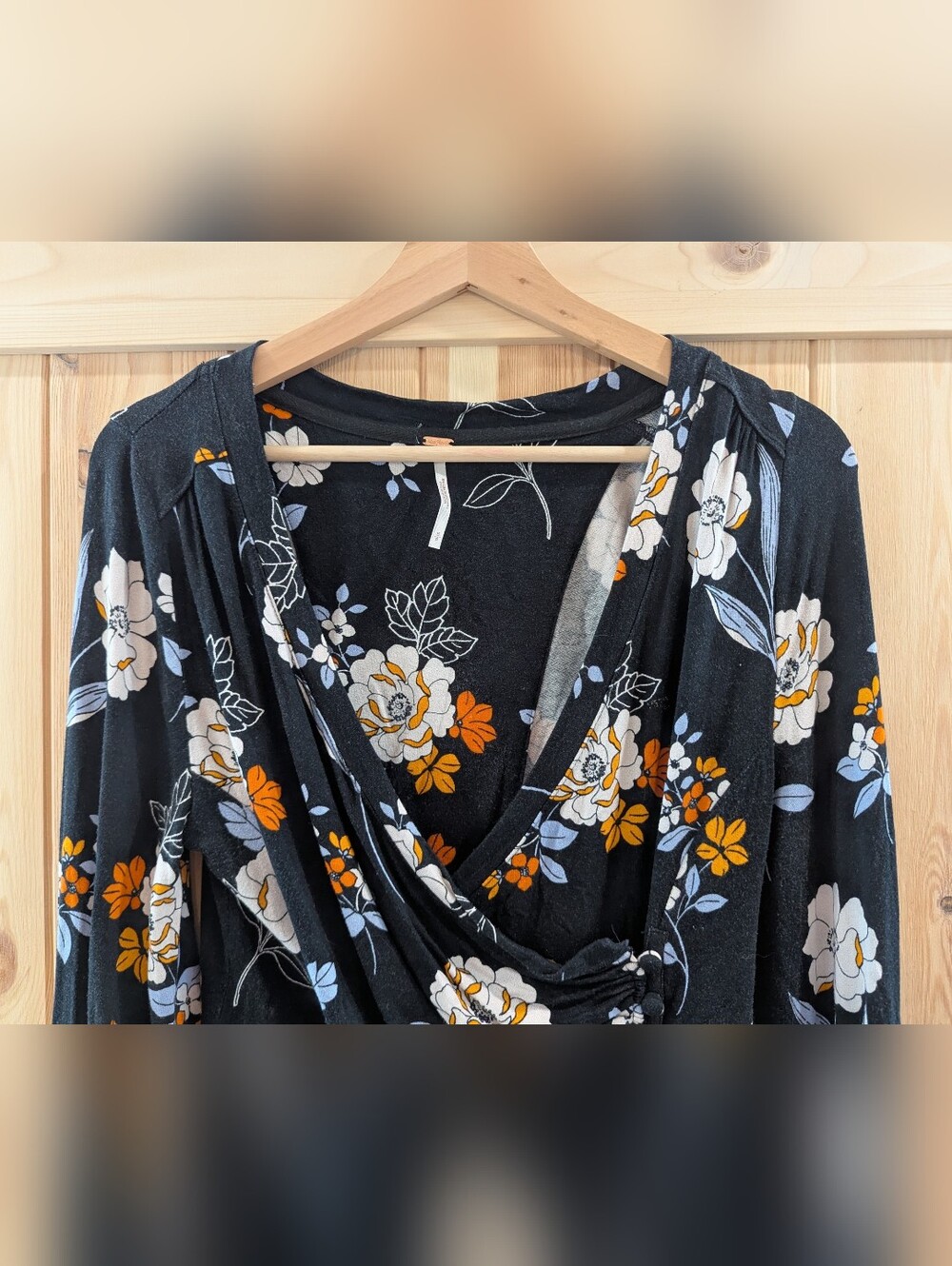 Free People Black Floral Wrap Top with Cream and Light Blue Accents - Picture 3 of 7